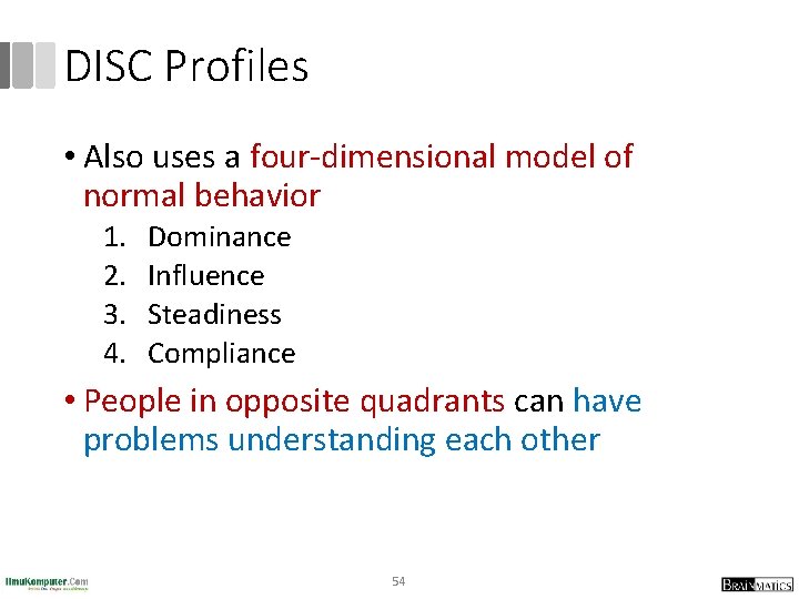 DISC Profiles • Also uses a four-dimensional model of normal behavior 1. 2. 3.