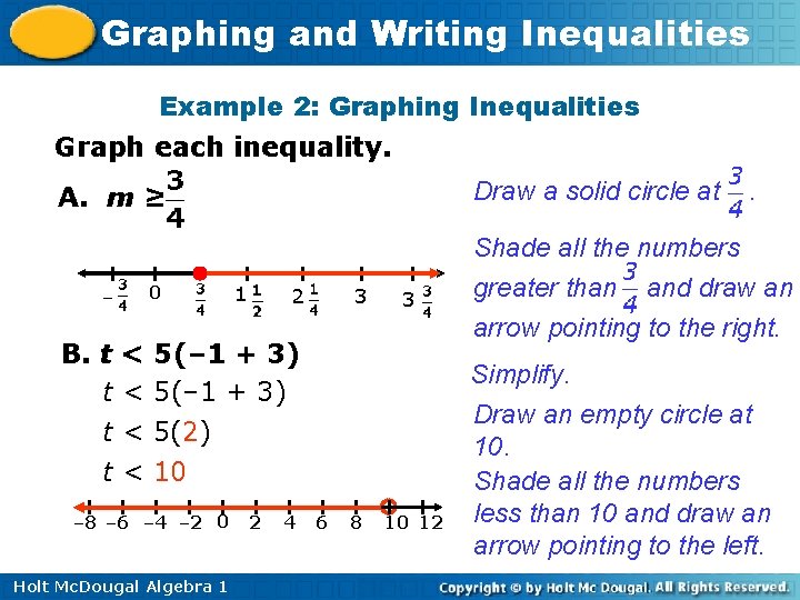 Graphing and Writing Inequalities Example 2: Graphing Inequalities Graph each inequality. Draw a solid