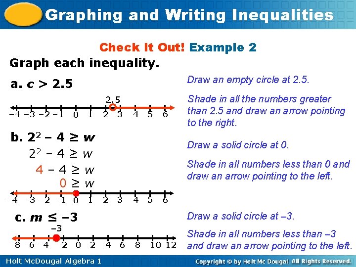 Graphing and Writing Inequalities Check It Out! Example 2 Graph each inequality. Draw an