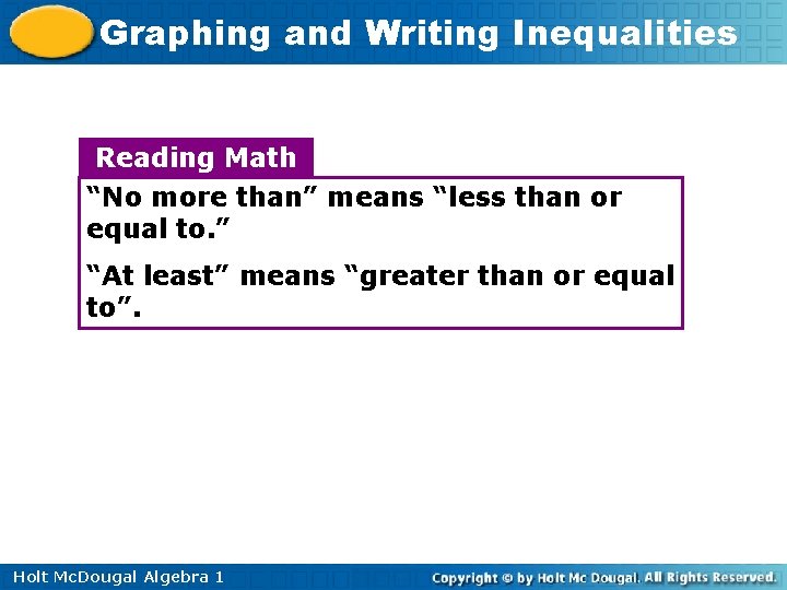 Graphing and Writing Inequalities Reading Math “No more than” means “less than or equal