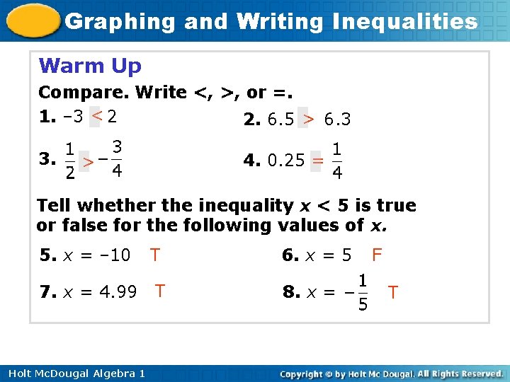 Graphing and Writing Inequalities Warm Up Compare. Write <, >, or =. 1. –