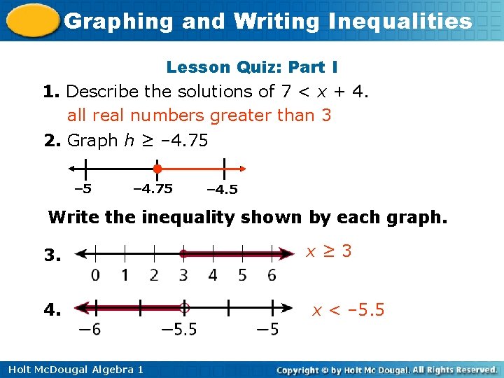 Graphing and Writing Inequalities Lesson Quiz: Part I 1. Describe the solutions of 7