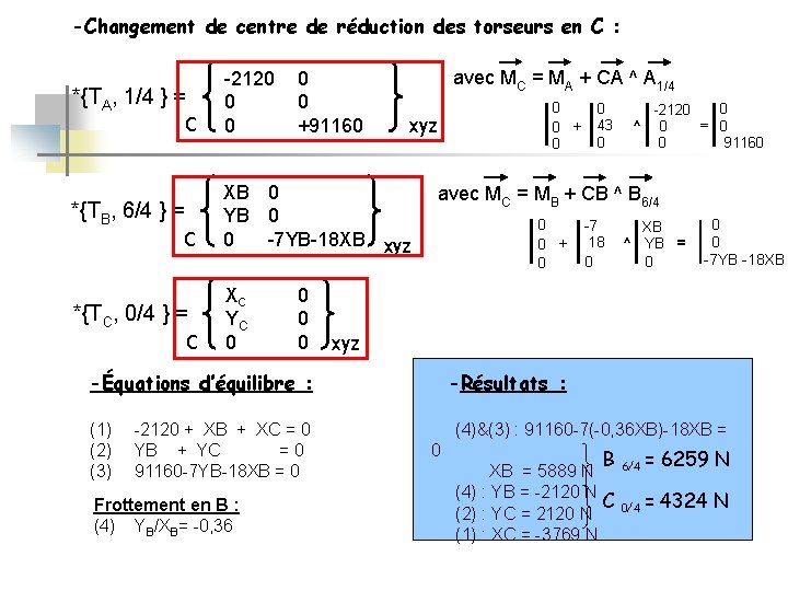 -Changement de centre de réduction des torseurs en C : *{TA, 1/4 } =