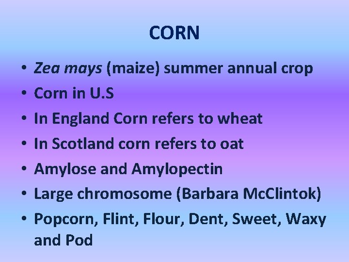 CORN • • Zea mays (maize) summer annual crop Corn in U. S In