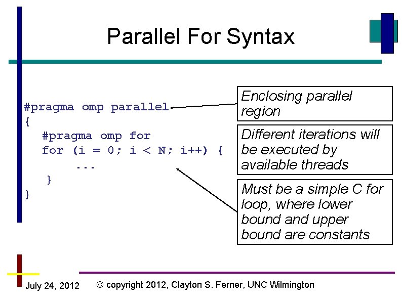 Parallel For Syntax #pragma omp parallel { #pragma omp for (i = 0; i Parallel For Syntax #pragma omp parallel { #pragma omp for (i = 0; i