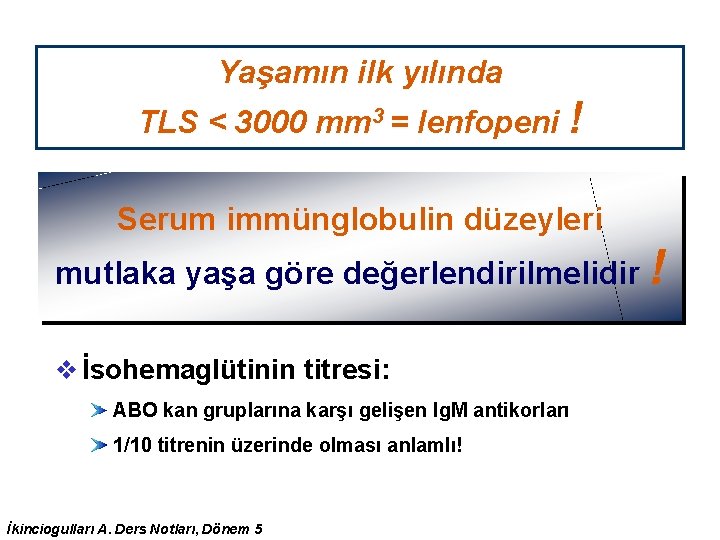 Yaşamın ilk yılında TLS < 3000 mm 3 = lenfopeni ! Serum immünglobulin düzeyleri Yaşamın ilk yılında TLS < 3000 mm 3 = lenfopeni ! Serum immünglobulin düzeyleri