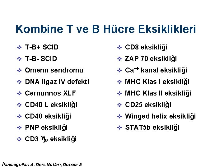 Kombine T ve B Hücre Eksiklikleri v T-B+ SCID v CD 8 eksikliği v Kombine T ve B Hücre Eksiklikleri v T-B+ SCID v CD 8 eksikliği v