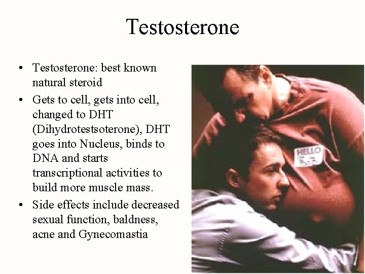 Testosterone • Testosterone: best known natural steroid • Gets to cell, gets into cell,