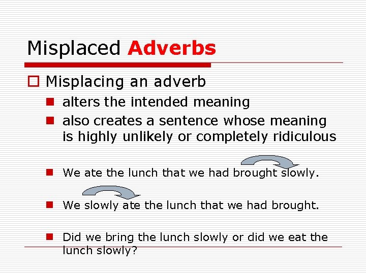 Misplaced Adverbs o Misplacing an adverb n alters the intended meaning n also creates