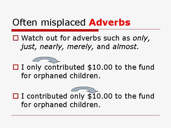 Often misplaced Adverbs o Watch out for adverbs such as only, just, nearly, merely,