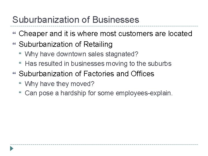 Suburbanization of Businesses Cheaper and it is where most customers are located Suburbanization of