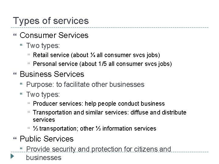 Types of services Consumer Services Two types: Business Services Purpose: to facilitate other businesses