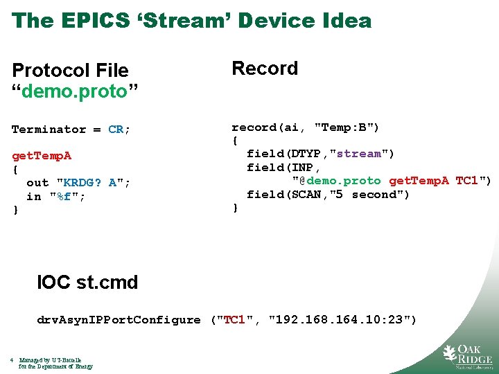 The EPICS ‘Stream’ Device Idea Protocol File “demo. proto” Record Terminator = CR; record(ai,