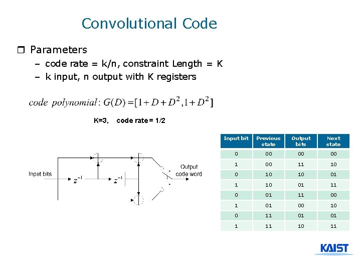 Convolutional Code r Parameters – code rate = k/n, constraint Length = K –
