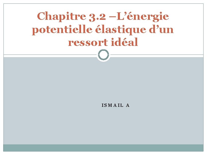 Chapitre 3. 2 –L’énergie potentielle élastique d’un ressort idéal ISMAIL A 