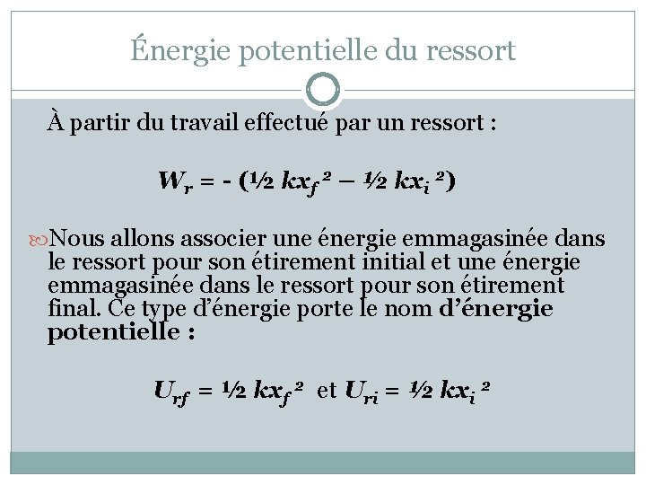 Énergie potentielle du ressort À partir du travail effectué par un ressort : Wr