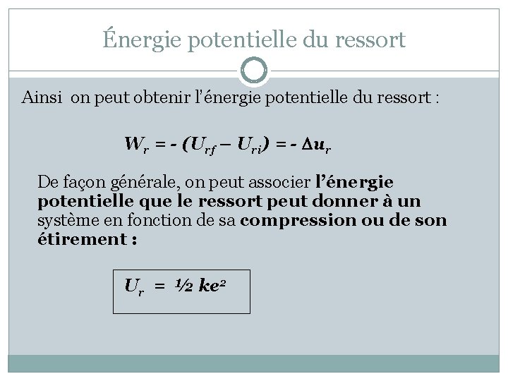 Énergie potentielle du ressort Ainsi on peut obtenir l’énergie potentielle du ressort : Wr