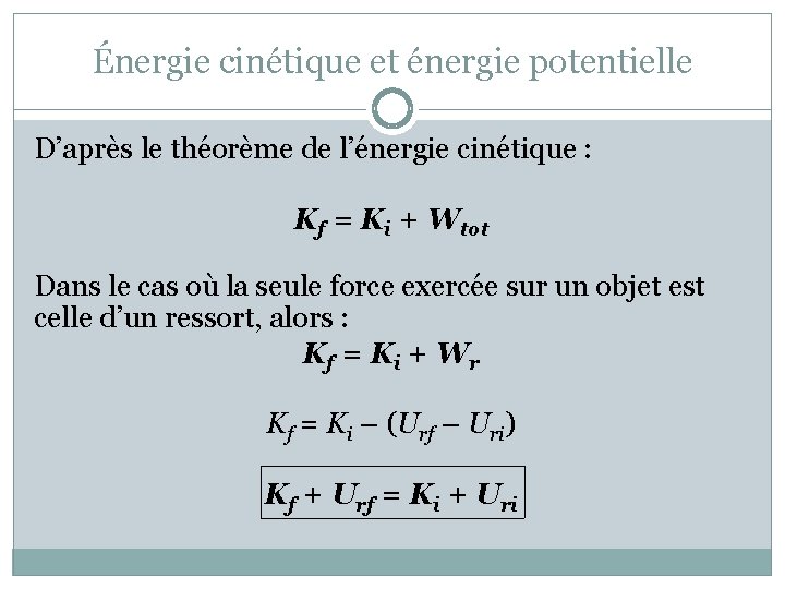 Énergie cinétique et énergie potentielle D’après le théorème de l’énergie cinétique : Kf =