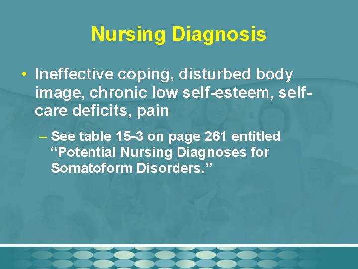 Nursing Diagnosis • Ineffective coping, disturbed body image, chronic low self-esteem, selfcare deficits, pain