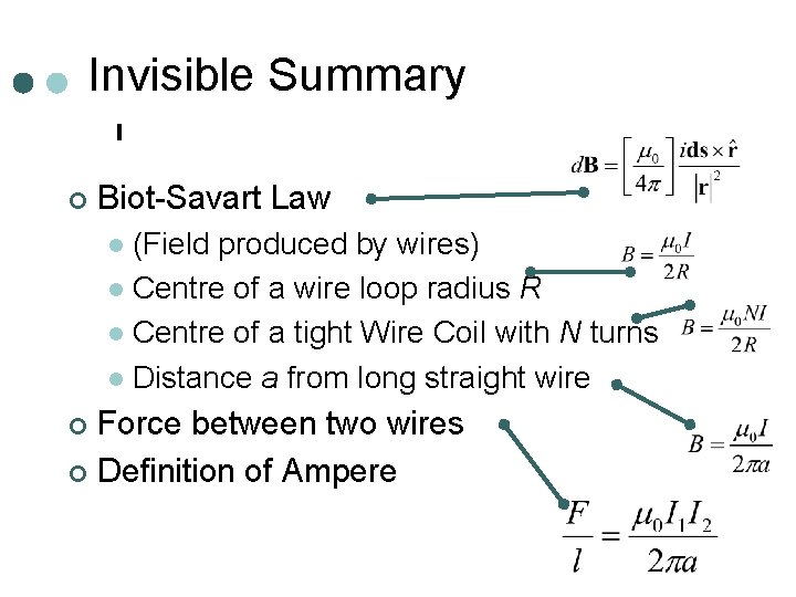 Invisible Summary ¢ Biot-Savart Law (Field produced by wires) l Centre of a wire