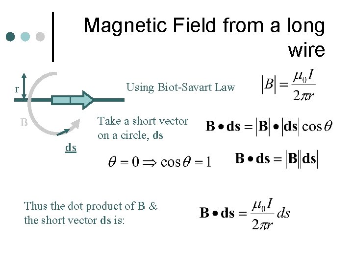 Magnetic Field from a long wire Using Biot-Savart Law r I B ds Take