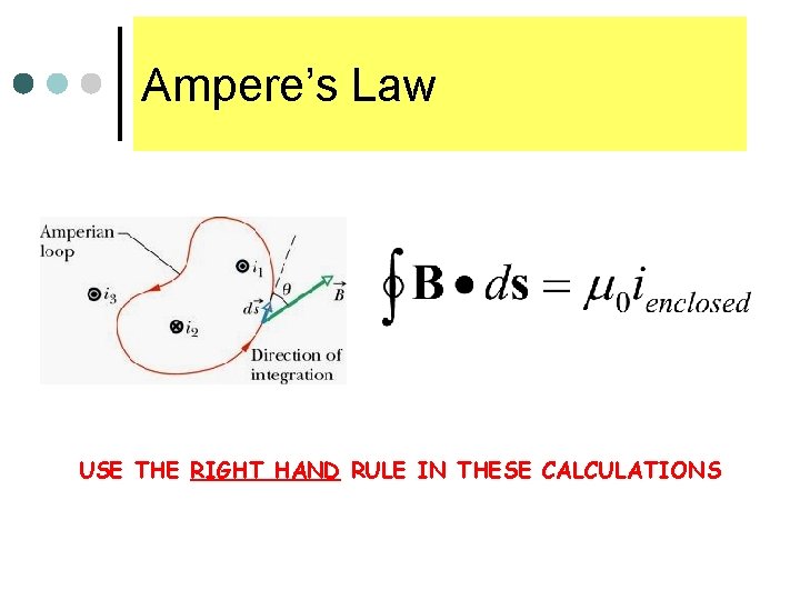 Ampere’s Law USE THE RIGHT HAND RULE IN THESE CALCULATIONS 