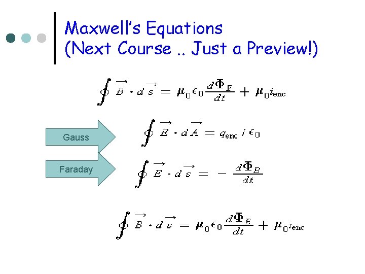 Maxwell’s Equations (Next Course. . Just a Preview!) Gauss Faraday 