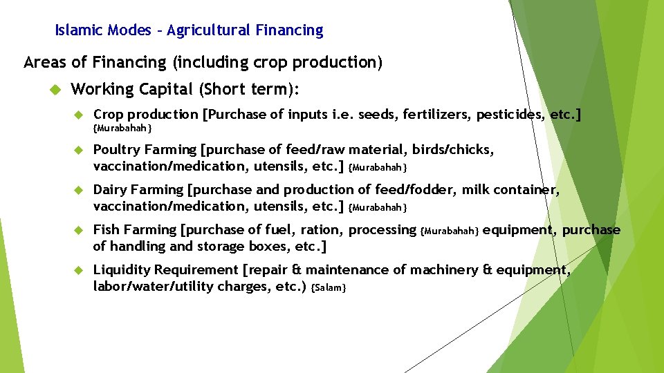 Islamic Modes – Agricultural Financing Areas of Financing (including crop production) Working Capital (Short