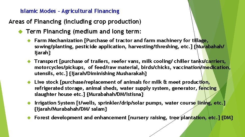 Islamic Modes – Agricultural Financing Areas of Financing (including crop production) Term Financing (medium