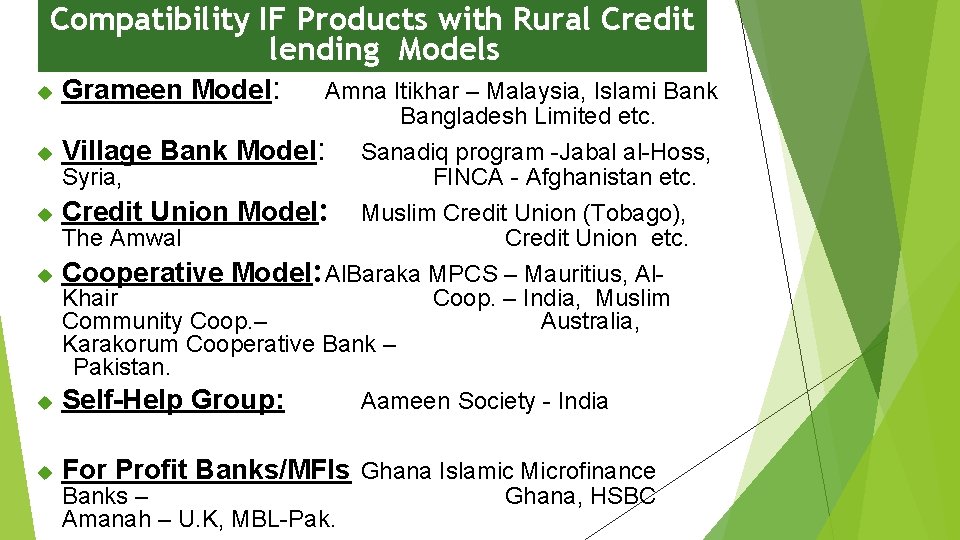Compatibility IF Products with Rural Credit lending Models Grameen Model: Amna Itikhar – Malaysia,