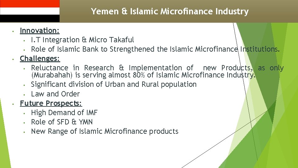 Yemen & Islamic Microfinance Industry • • • Innovation: • I. T Integration &