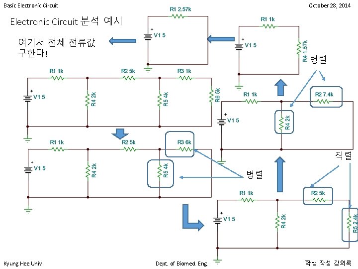 Basic Electronic Circuit October 28, 2014 Electronic Circuit 분석 예시 여기서 전체 전류값 구한다! Basic Electronic Circuit October 28, 2014 Electronic Circuit 분석 예시 여기서 전체 전류값 구한다!