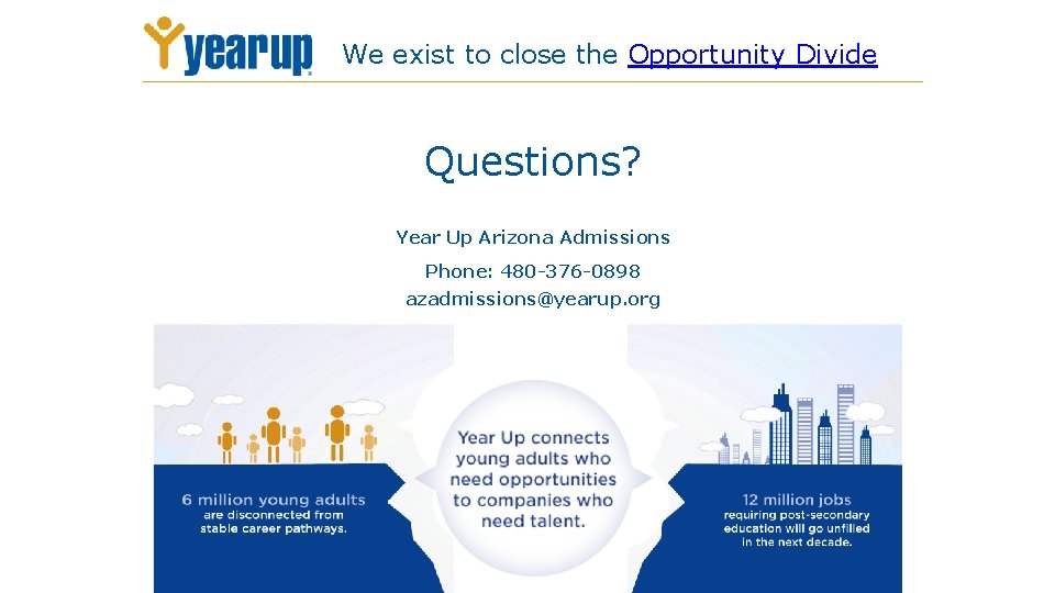 We exist to close the Opportunity Divide Questions? Year Up Arizona Admissions Phone: 480