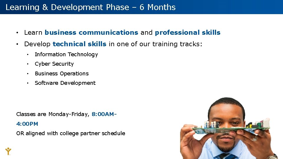 Learning & Development Phase – 6 Months • Learn business communications and professional skills