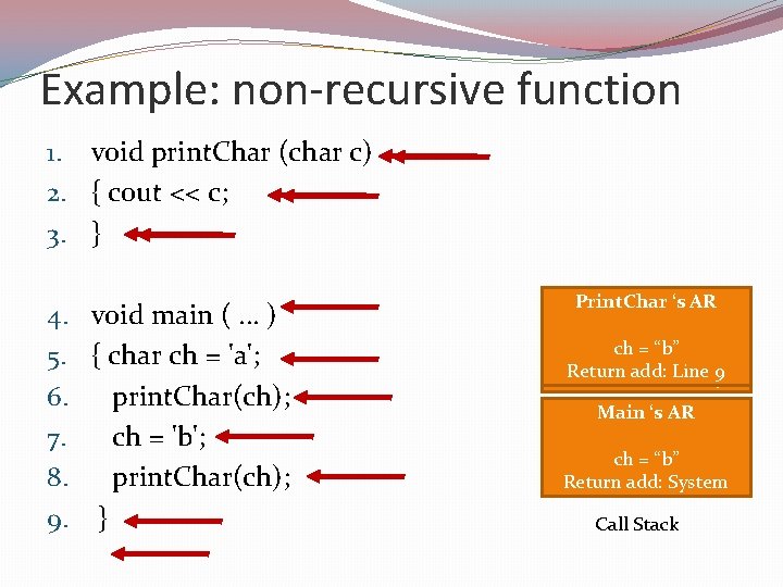 Example: non-recursive function 1. void print. Char (char c) 2. { cout << c;