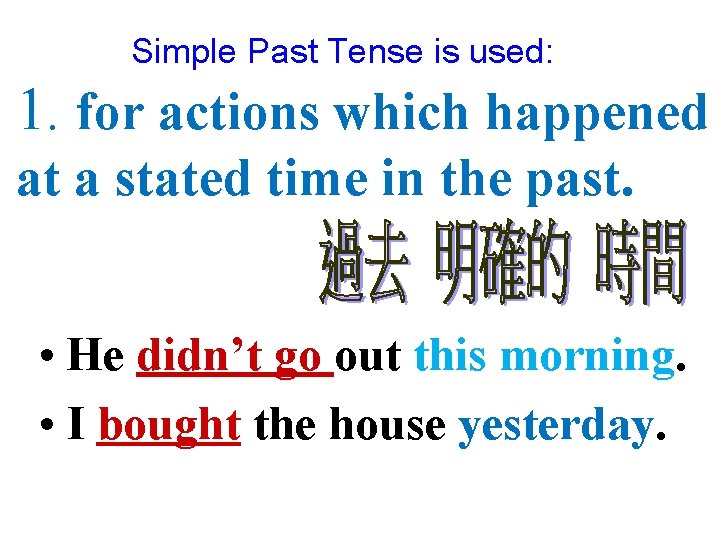Simple Past Tense is used: 1. for actions which happened at a stated time