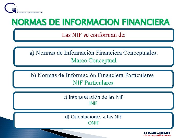 NORMAS DE INFORMACION FINANCIERA Las NIF se conforman de: a) Normas de Información Financiera