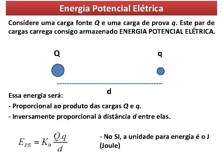 Energia Potencial Elétrica Considere uma carga fonte Q e uma carga de prova q. Energia Potencial Elétrica Considere uma carga fonte Q e uma carga de prova q.