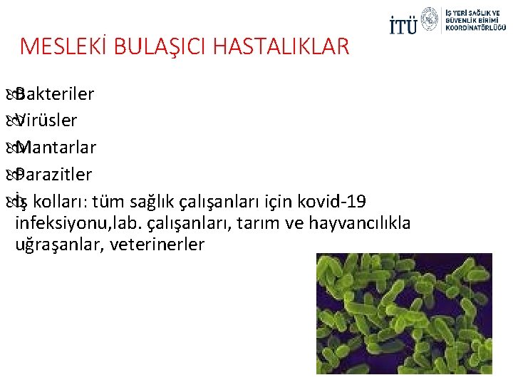 MESLEKİ BULAŞICI HASTALIKLAR Bakteriler Virüsler Mantarlar Parazitler İş kolları: tüm sağlık çalışanları için kovid-19