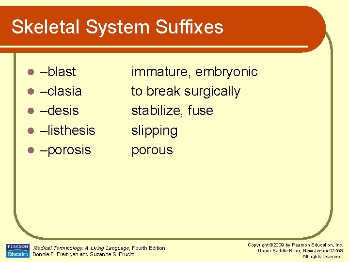 Skeletal System Suffixes l l l –blast –clasia –desis –listhesis –porosis immature, embryonic to