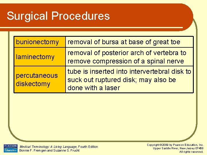 Surgical Procedures bunionectomy removal of bursa at base of great toe laminectomy removal of