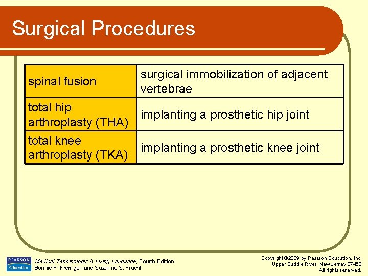 Surgical Procedures spinal fusion surgical immobilization of adjacent vertebrae total hip implanting a prosthetic