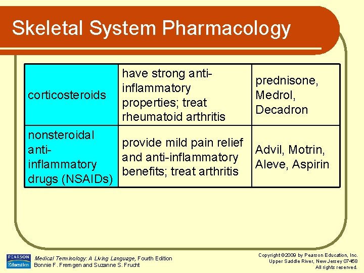 Skeletal System Pharmacology corticosteroids have strong antiinflammatory properties; treat rheumatoid arthritis prednisone, Medrol, Decadron