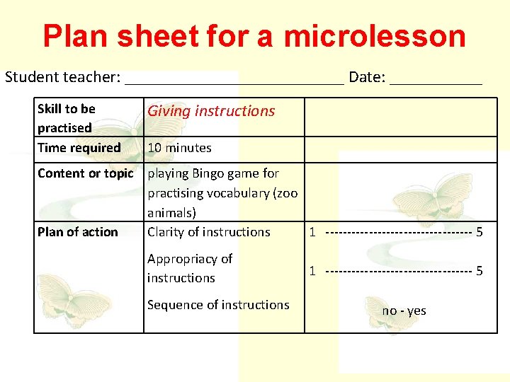 Plan sheet for a microlesson Student teacher: _____________ Date: ______ Skill to be practised