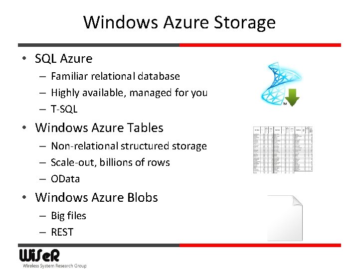 Windows Azure Storage • SQL Azure – Familiar relational database – Highly available, managed