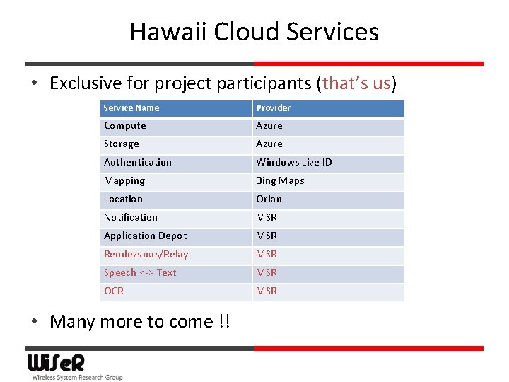 Hawaii Cloud Services • Exclusive for project participants (that’s us) Service Name Provider Compute