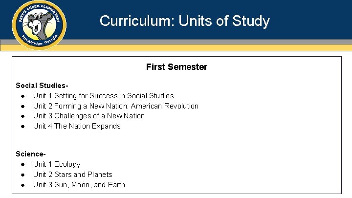 Curriculum: Units of Study First Semester Social Studies● Unit 1 Setting for Success in