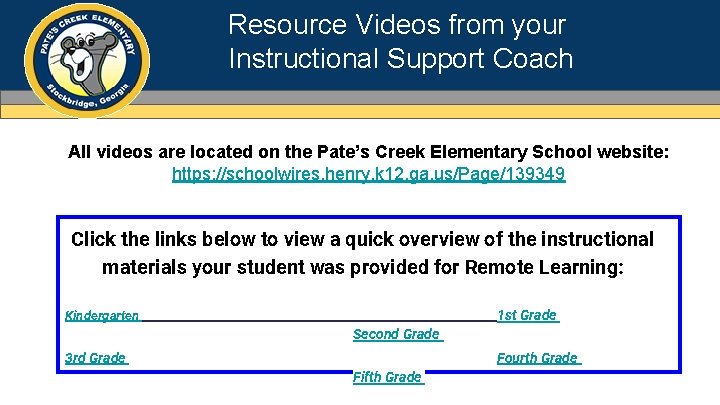 Resource Videos from your Instructional Support Coach All videos are located on the Pate’s