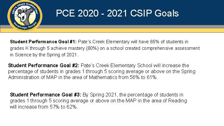 PCE 2020 - 2021 CSIP Goals Student Performance Goal #1: Pate’s Creek Elementary will