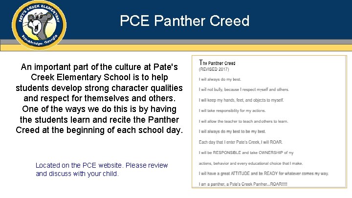 PCE Panther Creed An important part of the culture at Pate's Creek Elementary School